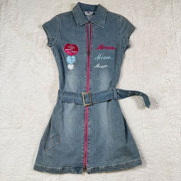NWT Meow Meow Vintage Y2K Denim Mini Dress Zip Front Belted - Picture 1 of 6